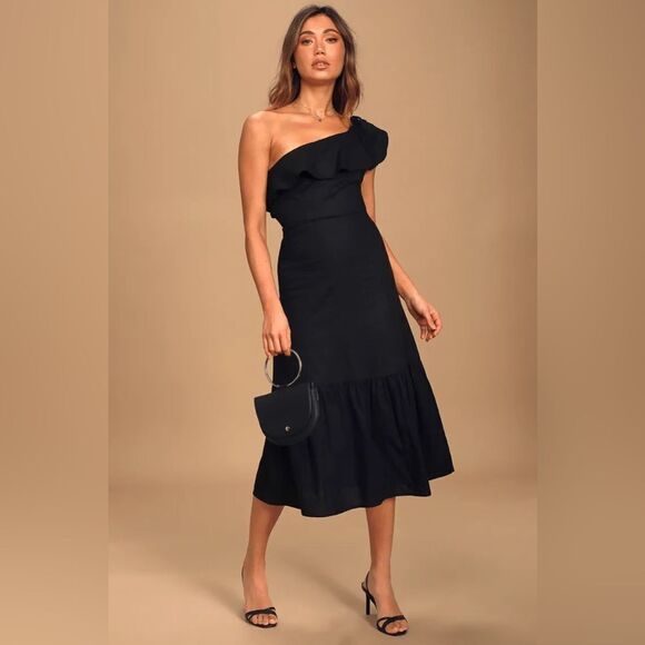 LULUS Sun-Kissed Memories One-Shoulder Ruffled Linen Blend Midi Dress *NEW* - Picture 1 of 16